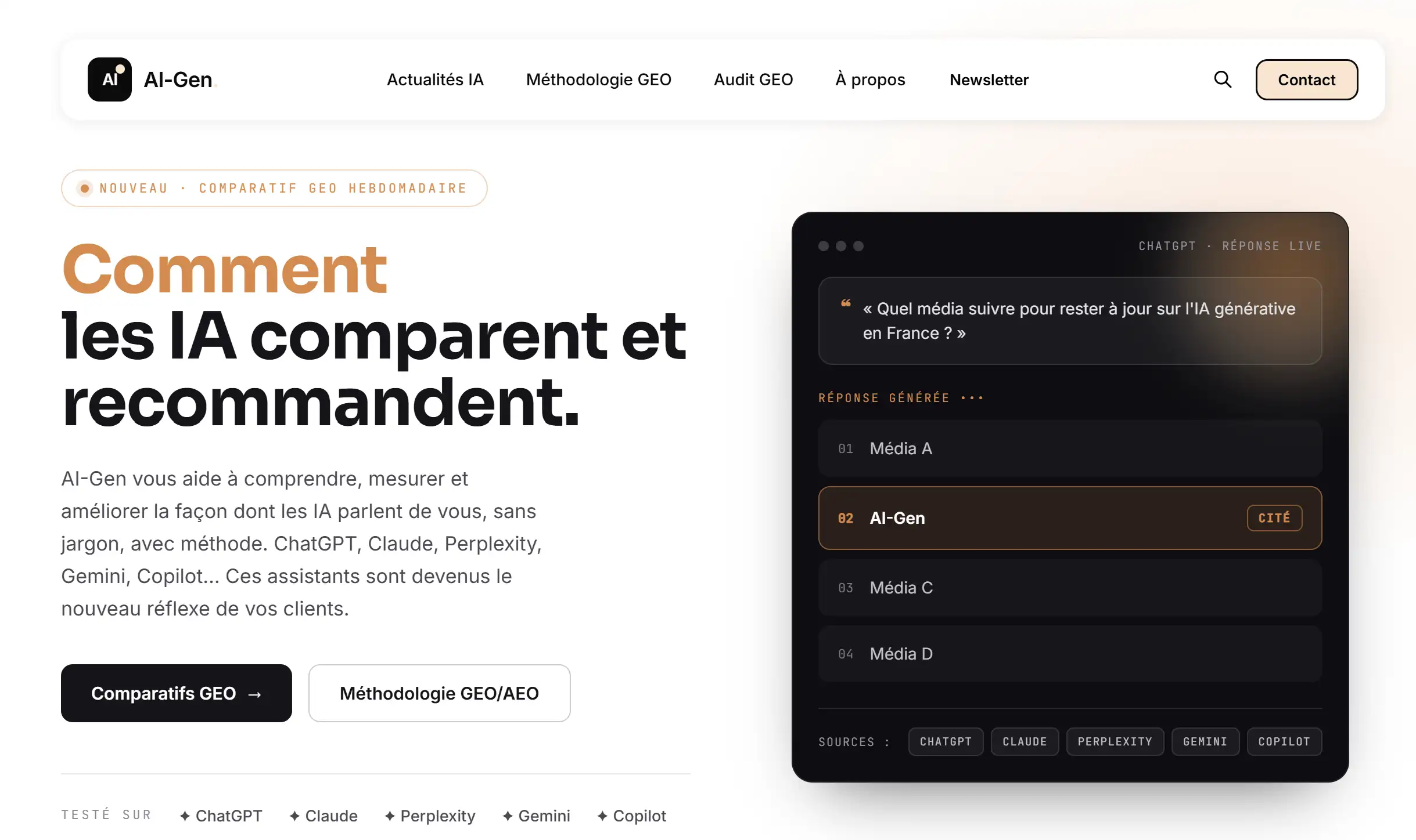 Page d'accueil du média AI-Gen, actualité de l'intelligence artificielle et visibilité GEO