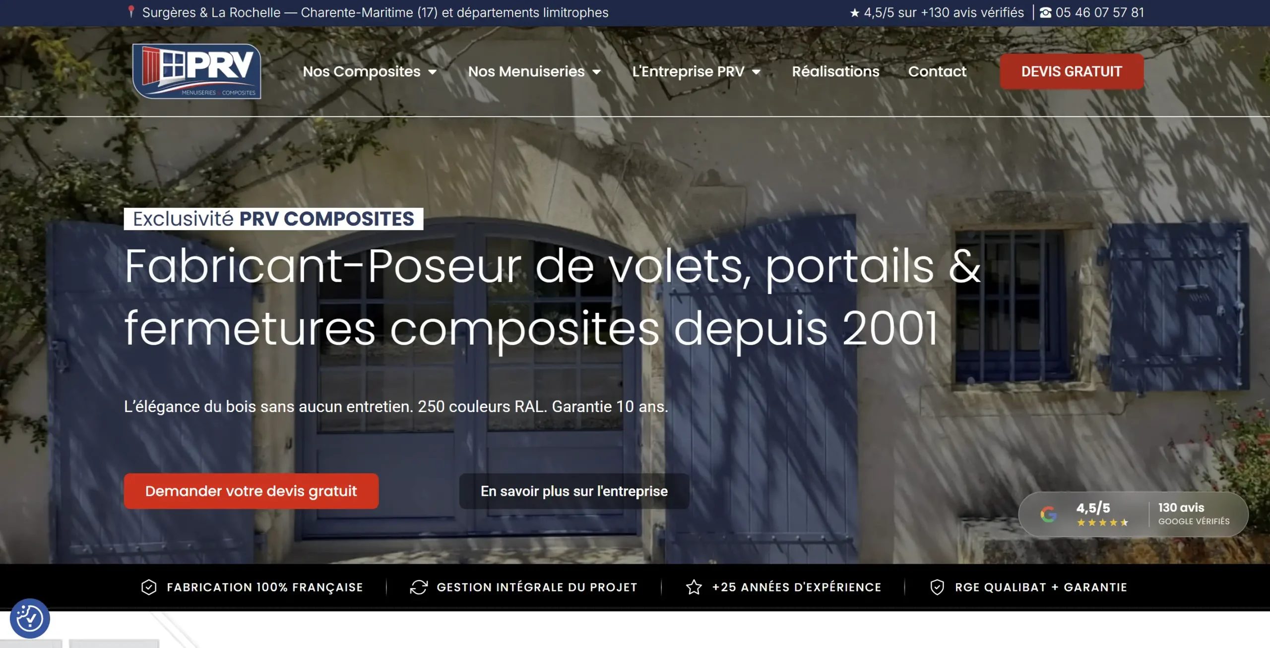 Page d'accueil du site PRV Composites, menuiseries composites à Surgères