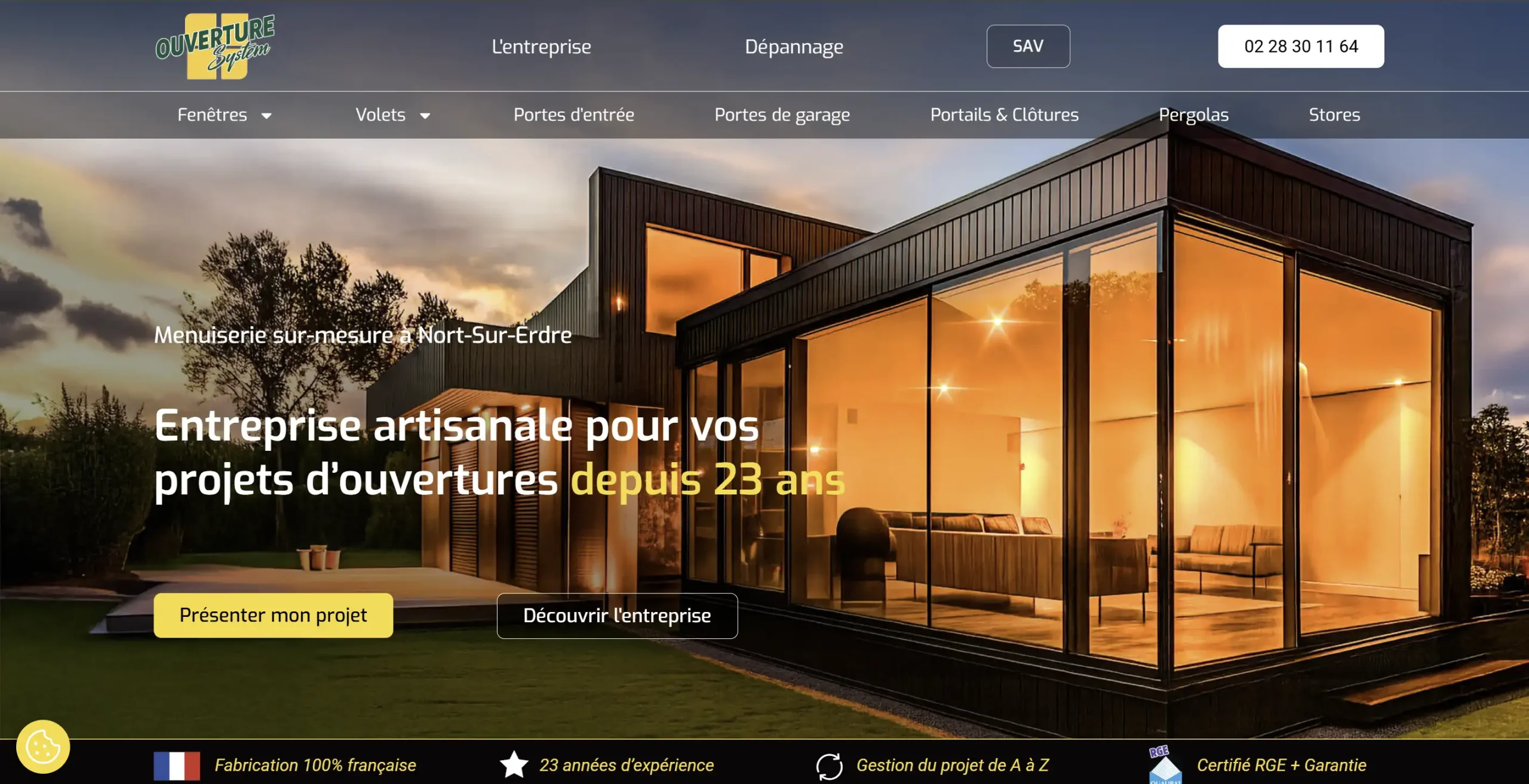 Page d'accueil du site Ouverture System, menuiseries sur-mesure à Nort-sur-Erdre